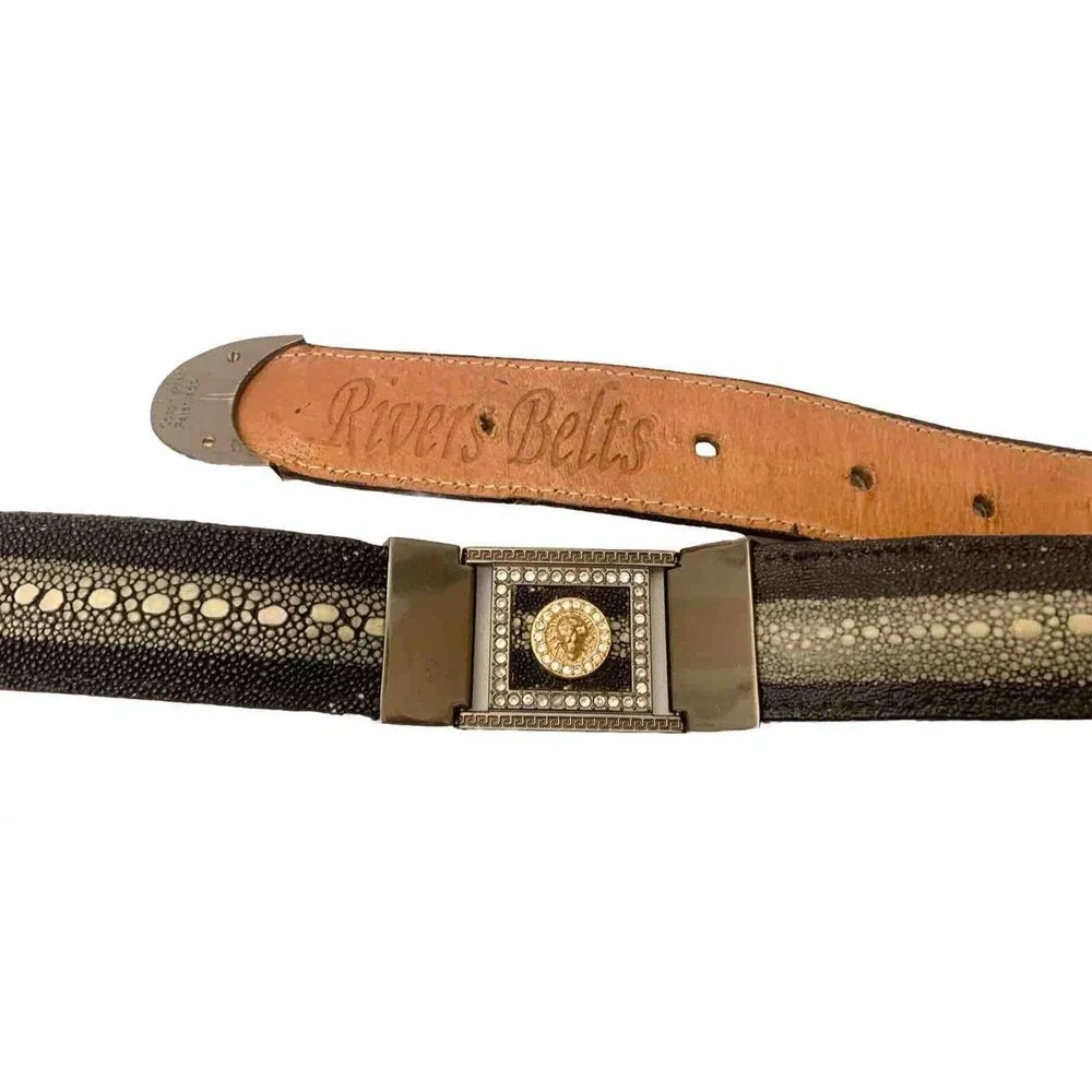 River Belts Snake Skin Belt 32 Black Leather Metal Accents Western Embossed